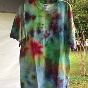 Hand Tye dyed tee shirt blue, green, pink, white